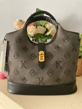 Source Unknown Black Embossed Satchel with Gold Hardware